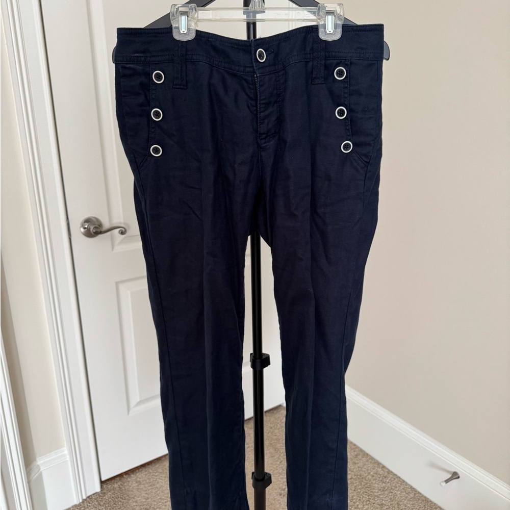 CAbi Navy Blue Capri style Linen pants with Button Detail.